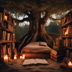 Fairy library bed under a tree