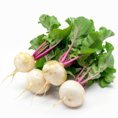 A photo of fresh radishes with green leaves.