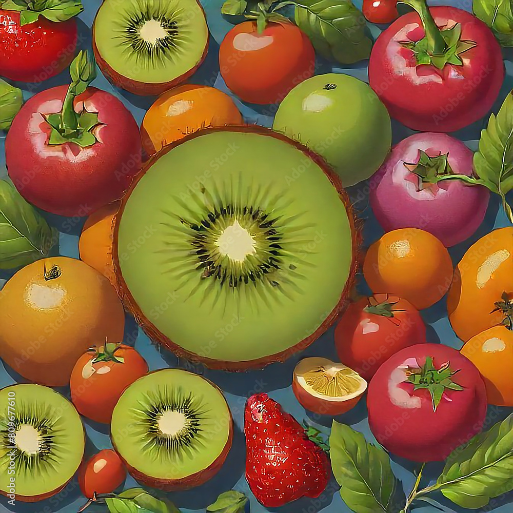 Wall mural A whimsical illustration of a kiwi fruit, with its round body and long stem, surrounded by a colorful array of other fruits and vegetables