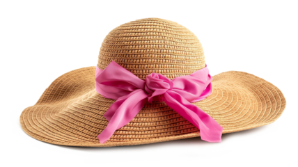 Stylish Straw Hat with Pink Bow- Perfect for Summer isolated on a transparent background