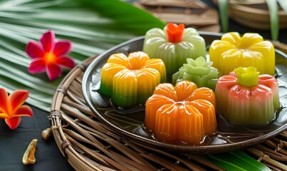 Layer Sweet Cake or Kanom Chan flowers on wooden plates, Thai dessert.Thai Dessert Kanom Chan Flowers Display