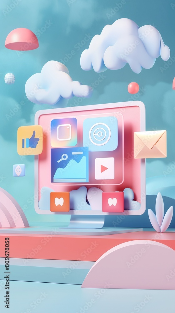 Poster a vertical image of 3d desktop computer with social media icons.