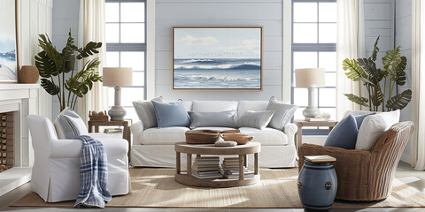 Contemporary Coastal: Create a modern coastal interior with a clean, minimalist aesthetic, incorporating natural textures, ocean-inspired hues, and sleek, contemporary furniture.
