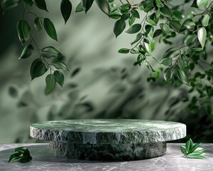 3D stone podium with natural green leaves. Background for products of natural green color.