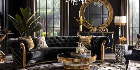 Vintage Glamour: Design an interior space inspired by the golden age of Hollywood, featuring plush...