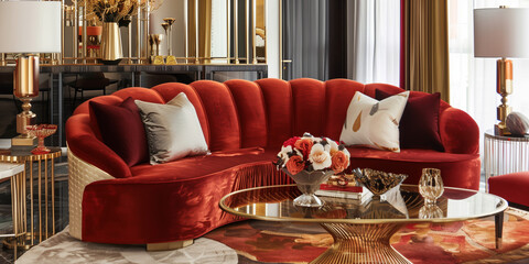 Vintage Glamour: Design an interior space inspired by the golden age of Hollywood, featuring plush velvet upholstery, mirrored surfaces, and glamorous Art Deco accents.
