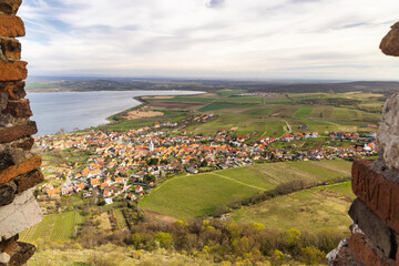 The Pavlov village with vineyards above the Nove Mlyny reservoir. Top view from The Devicky Castle...