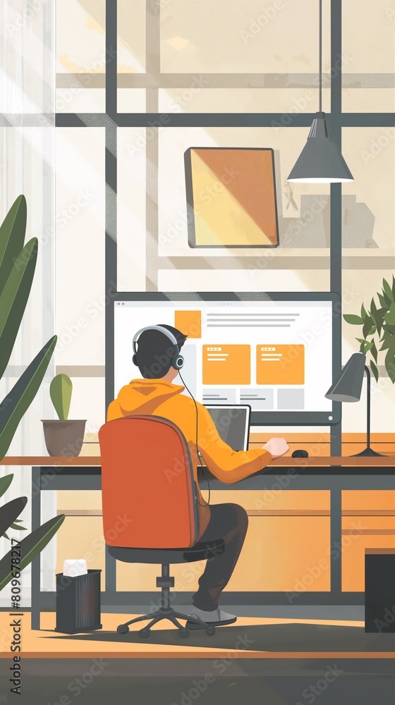 Poster a vertical image of a freelancer using a laptop in a home workspace.