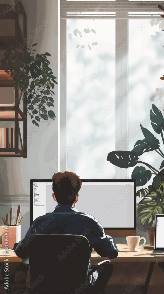 Poster a vertical image of a freelancer using a laptop in a home workspace.