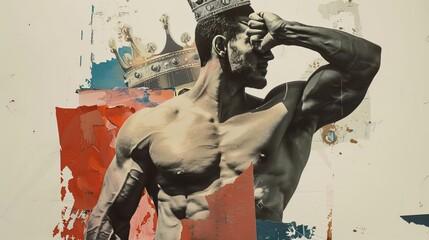 Sculpture of a man with big biceps and a crown. Collage art.