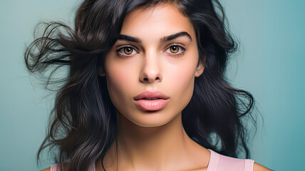 Naklejka premium Serene close-up of a girl with loose wavy hair, deep brown eyes.