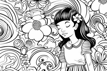 A black and white drawing featuring a girl with intricate flowers in her hair, exuding a sense of natural beauty and serenity.