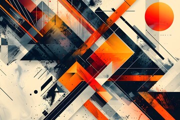 Abstract art with orange and black shapes and a sun