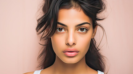 Close-up of a serious mulatto girl with natural beauty against soft pink backdrop.