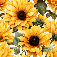 seamless watercolor arrangements with beautiful small sunflowers flower. Botanical illustration reality style.