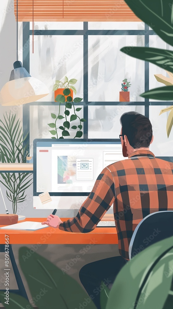 Poster a vertical image of a freelancer using a laptop in a home workspace.