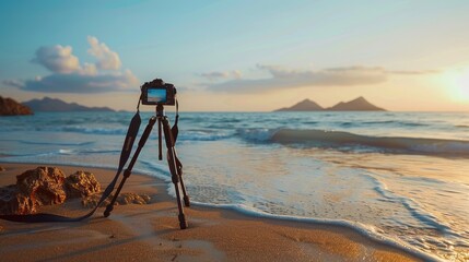 A camera is perched on a tripod, capturing the fluidity of water meeting the sky at the beach....