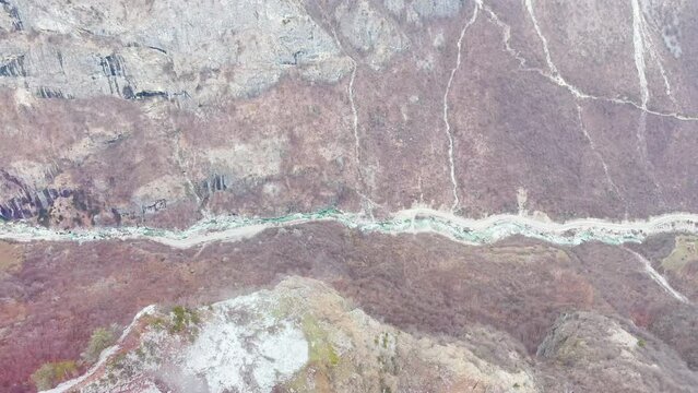 valley, river, road, green, deep, gorge, canyon, narrow, mountainside, steep, rocks, trees, meadow, slope, Valbone, Albania, Albanian Alps, aerial, aerial view, aerial shot, helicopter, aircraft, pass