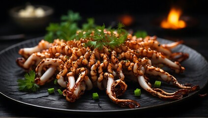 delicious food grilled squid served in a plate on a black background.