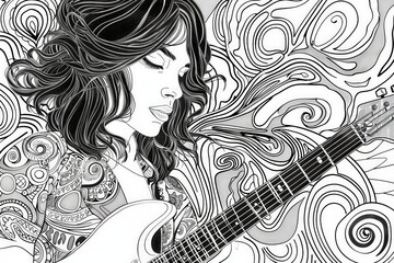 A stunning illustration of a woman immersed in music as she plays the guitar with passion and skill, capturing the essence of music and life.