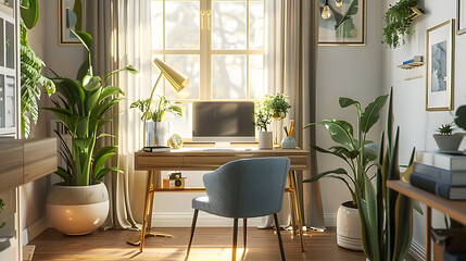 Elegant and Modern Home Office Design with Natural Light and Plants