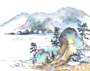 pine trees on the shore of a lake in the mountains