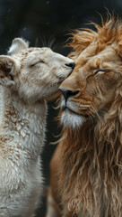 Enchanting Scene: White Lion Kissing White Deer on Pure White Canvas