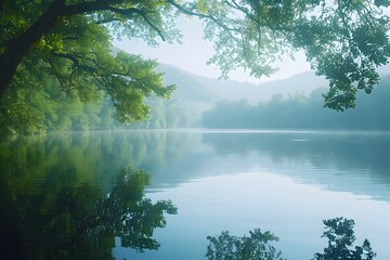 Fototapeta premium Trees and boat reflected in lake water