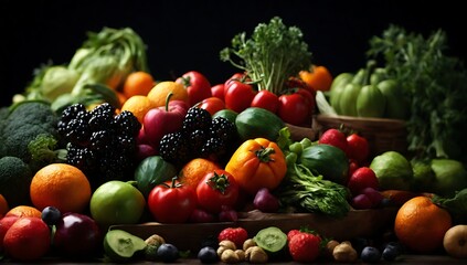 pile of fruits and vegetables on black background.