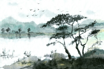 Summer morning, pine trees on the lake shore