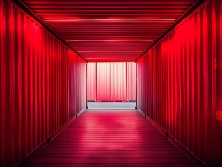A vibrantly lit corridor with red neon illumination encapsulating a modern, sleek design.