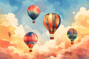 Obraz premium A painting of a group of hot air balloons soaring in the sky