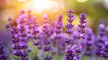 Fototapeta premium Dreamy Lavender Field Under Golden Sunlight