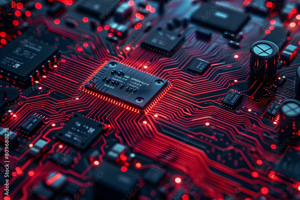 Poster close-up of computer motherboard with glowing red leds