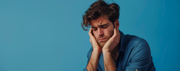 Handsome young man who is sad and crying on a blue background.