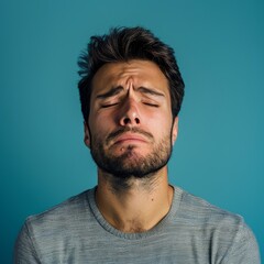 Obraz premium Handsome young man who is sad and crying on a blue background.