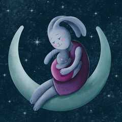 cute little rabbit hugs mummy on the moon - illustration for children