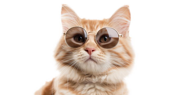 Surprised cat with sunglasses on his head isolated on a transparent background