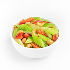 Celery, pepper and cashew stir fry, Chinese food, on a white background, isolate