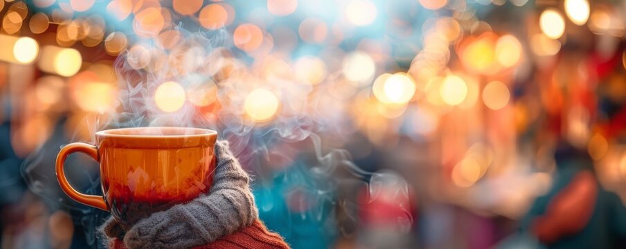 A steaming mug of hot chocolate is held in a gloved hand against a backdrop of a bustling Christmas market