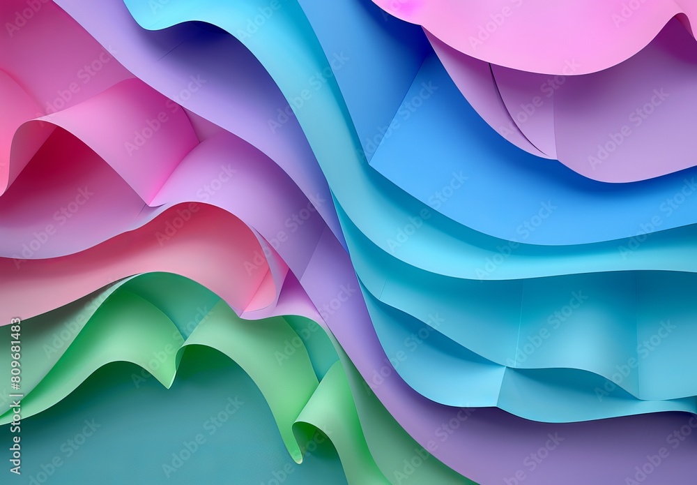 Wall mural This image showcases a colorful abstract design mimicking paper waves, with a fluid blend of pink, blue, and green hues