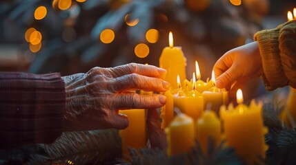 A young person and an elderly person light candles together. The warm glow of the candles creates a sense of peace and tranquility.