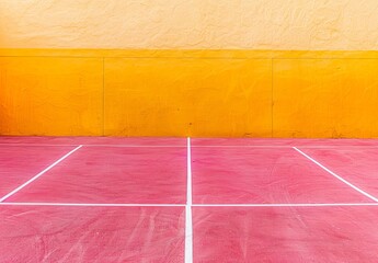 A vivid image featuring a yellow wall above a pink sports court with white markings symbolizing urban sports arenas