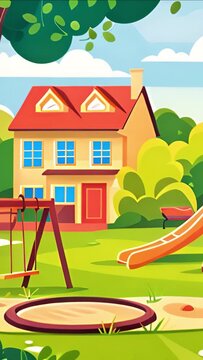 Children's playground for outdoor recreation Swings, sandboxes, gliding on green lawns near the house. Vector illustration