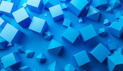 This image features an array of blue geometric cubes scattered across a monochromatic blue backdrop, exhibiting a clean, modern aesthetic