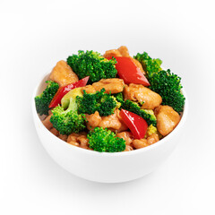 Broccoli, paprika and chicken stir fry, Chinese cuisine on a white background, isolate