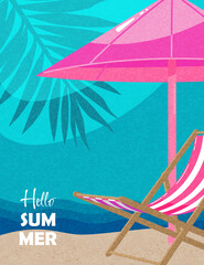 Hello summer poster. The beach, an umbrella from the sun, sea, palm. Abstract background, modern style.