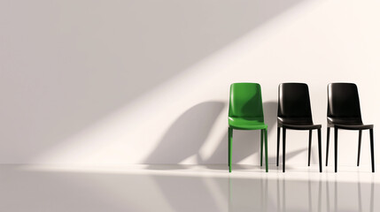 Minimalist office chairs in contrasting green and black against white sunny wall, Positive job growth hiring concept with standout new hire