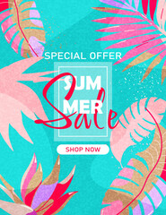 Summer discount, vertical poster with tropical elements.