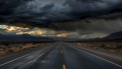 Naklejka premium straight asphalt road going into mountains on he horizon, heavy dark clouds above mountains